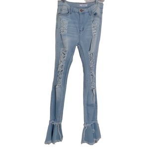 SJ style light Blue denim stonewashed distressed Wide bottom Jeans size Medium